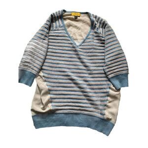 St. John Sweater Top Wool Silk Striped XL Grey Blue Blouse St Pullover